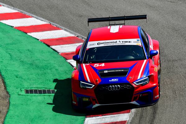 The #54 Audi riding the red and white curb, 2018